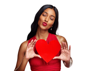 Pout, heart and woman with a card on valentines day isolated on png transparent background for love. Red lips, emoji and happy young female holding a shape or symbol for kiss, care or flirting