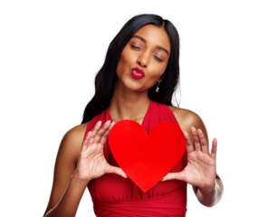 Pout, heart and woman with a card on valentines day isolated on png transparent background for love. Red lips, emoji and happy young female holding a shape or symbol for kiss, care or flirting