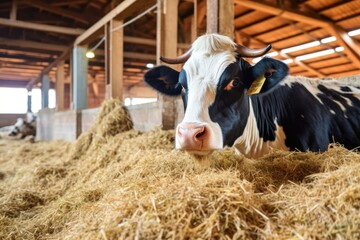 cow munching on hay in a barn - obrazy, fototapety, plakaty