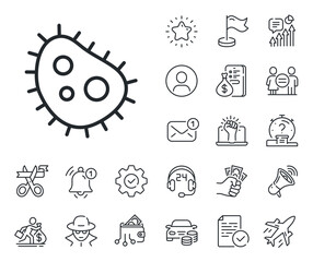 Antibacterial sign. Salaryman, gender equality and alert bell outline icons. Bacteria line icon. Dirty symbol. Bacteria line sign. Spy or profile placeholder icon. Online support, strike. Vector