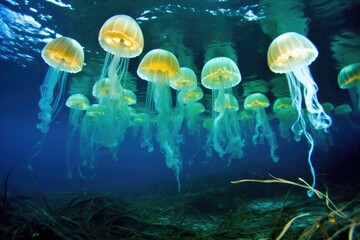 Obraz na płótnie Canvas a tank filled with luminous jellyfish