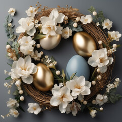Easter wreath with golden Easter eggs. Top view