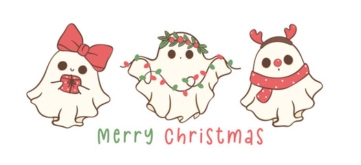 Group of Cute and Kawaii Christmas Ghosts. Festive greeting card banner, Holiday Cartoon Hand Drawing with adorable pose.