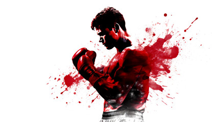 silhouette of boxer in red gloves boxing on isolated white background with red splashes