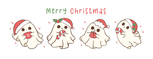 Group of Cute and Kawaii Christmas Ghosts with Santa hat. Festive greeting card banner, Holiday Cartoon Hand Drawing with adorable pose.