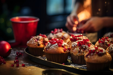 Baking Pomegranate muffin, christmas season - obrazy, fototapety, plakaty