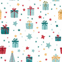 Festive Christmas gift and star pattern on white background