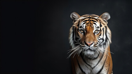 Front view of tiger on dark gray background. Wild animals banner with copy space