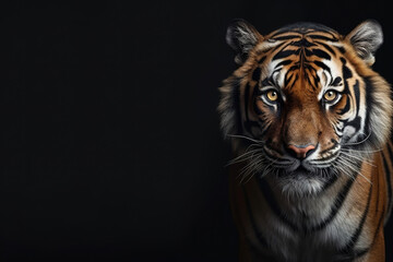 Obraz premium Front view of tiger on dark gray background. Wild animals banner with copy space