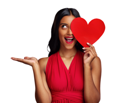 Surprise, paper heart and beauty with red lipstick, face and makeup for romantic sign on isolated transparent png background. Girl, fashion and cardboard emoji for love, hand palm and valentines day