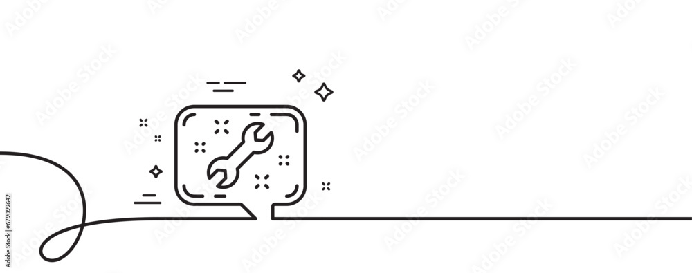 Poster spanner tool line icon. continuous one line with curl. repair service chat sign. fix instruments sym