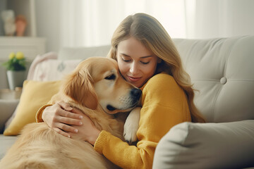 Depressed woman hugs the dog while sitting on the sofa. Having a pet helps you cope with sadness - obrazy, fototapety, plakaty
