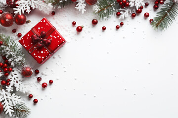 Christmas background with fir tree branches, gift boxes and decorations