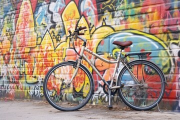 Fototapeta premium shared bike in front of graffiti covered wall