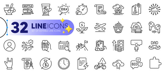 Outline set of Father day, Prescription drugs and Eco power line icons for web with Bid offer, Horns hand, Search calendar thin icon. Puzzle, Cloud upload, Inflation pictogram icon. Vector