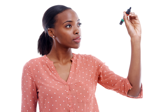 Isolated woman, planning and pen for writing, thinking and brainstorming for ideas by transparent png background. African student, vision and notes for problem solving, solution or strategy for study