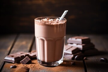 Healthy chocolate protein shake drink with straw, and protein powder. AI Generated