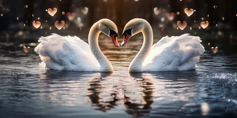 Tuinposter Two swans in love swim in the lake. A pair of heart-shaped white swans swimming in a pond © Katrin_Primak
