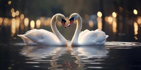 Rolgordijnen Two swans in love swim in the lake. A pair of heart-shaped white swans swimming in a pond © Katrin_Primak