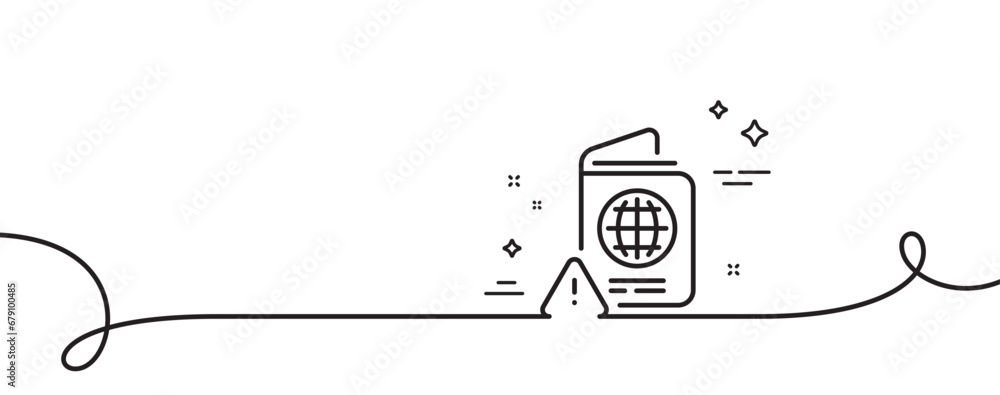 Poster passport warning line icon. continuous one line with curl. attention triangle sign. citizenship docu