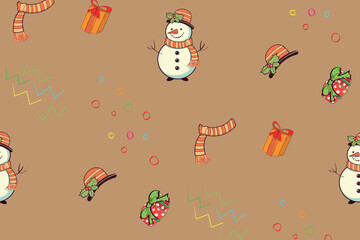 estive New Year's Christmas seamless pattern with snowman, hat, scarf, gift boxes. vector illustration