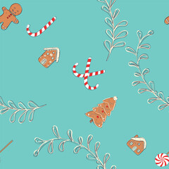 festive New Year's Christmas seamless pattern with ginger and a man, houses, Christmas tree, candy. vector illustration