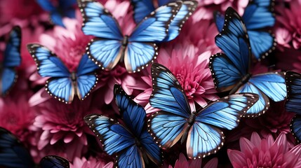 Blue Butterflies Flutter Over Magenta Cosmos, HD, Background Wallpaper, Desktop Wallpaper