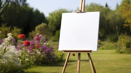 A mockup of a white canvas on an easel in the middle of a garden and flowers. Painting on a stretcher