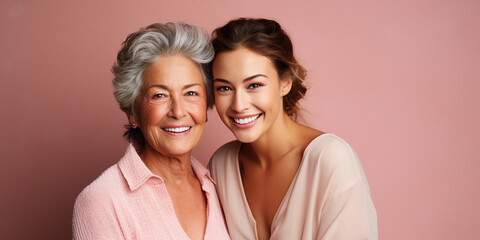 Two gentle beautiful women of different ages and generations together on a pink background. The daughter and her elderly mother are smiling. Mothers Day