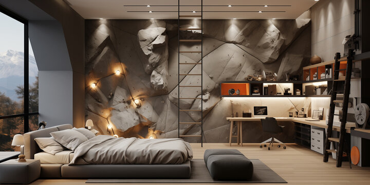 Climbing wall in a stylish and modern teenager's room with a huge window and a comfortable bed