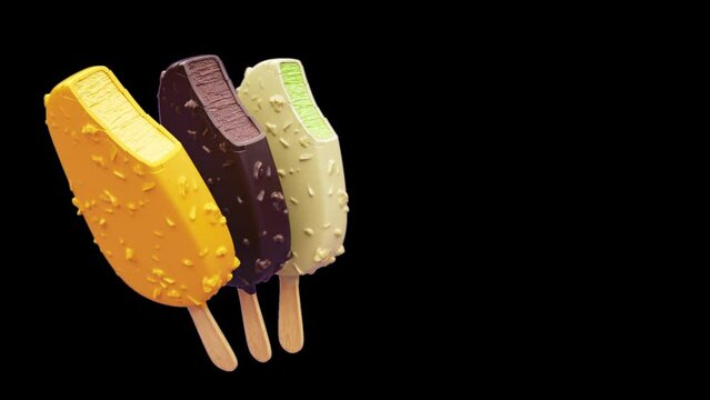 The appearance of 3 types (Mango, Pistachio, chocolate) of ice cream with rotation on a black background with alpha channel