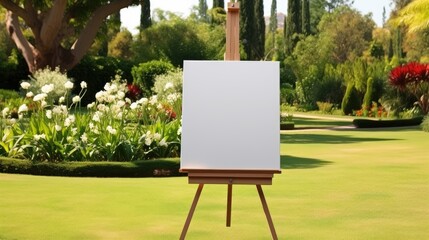 A mockup of a white canvas on an easel in the middle of a garden and flowers. Painting on a stretcher - obrazy, fototapety, plakaty