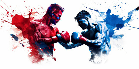 Two silhouettes of male boxers fighting on white background with blue and red color splashes