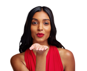 Woman, red lipstick and beauty, blow kiss with makeup and cosmetics isolated on a transparent PNG background. Portrait of Indian female person or model with pout, color or shine for valentines day