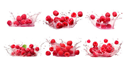 Collection of PNG. Raspberries in juice splash isolated on a transparent background. - obrazy, fototapety, plakaty
