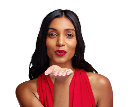 Woman, red lipstick and beauty, blow kiss with makeup and cosmetics isolated on a transparent PNG background. Portrait of Indian female person or model with pout, color or shine for valentines day
