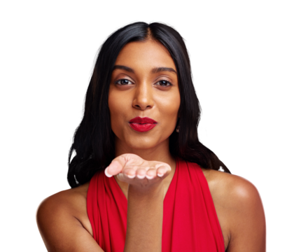 Woman, red lipstick and beauty, blow kiss with makeup and cosmetics isolated on a transparent PNG background. Portrait of Indian female person or model with pout, color or shine for valentines day