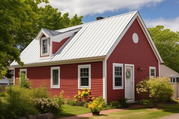 Fototapeta na wymiar a red cape cod house with a side gable roof during daytime