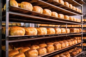 racks filled with multiple loaves in a baking oven