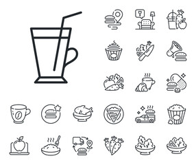 Hot latte sign. Crepe, sweet popcorn and salad outline icons. Coffee cup line icon. Tea drink mug symbol. Coffee cup line sign. Pasta spaghetti, fresh juice icon. Supply chain. Vector