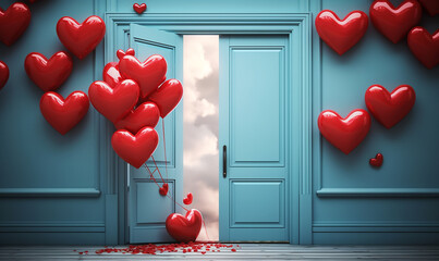 Valentinstag mit roten Luftballonherzen - obrazy, fototapety, plakaty