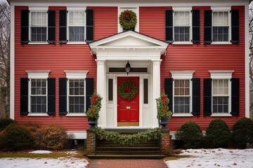 Fototapeta premium colonial home with a red front door and festive wreath