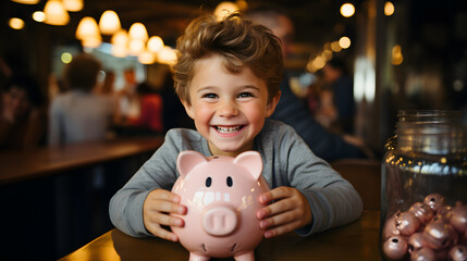 A happily smiling boy keeps his savings in a piggy bank, the right investment from an early age, A child learns to save with his pink piggy bank