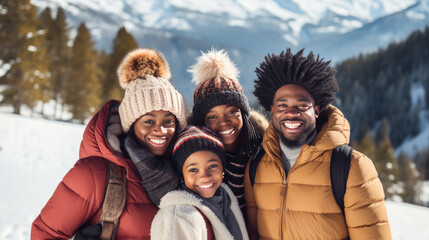 Happy, smiling, African American family against the backdrop of snow-capped mountains at a ski resort, during vacation and winter break.
