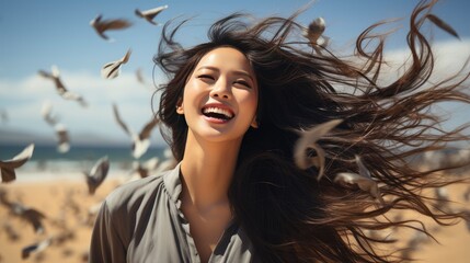 Fototapeta premium Carefree Asian Girl Laughing Dancing Park, HD, Background Wallpaper, Desktop Wallpaper