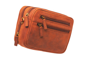 Leather handbag isolated. Close-up of brown businessman luxury leather wrist handbag. Clipping...