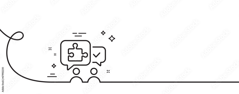 Poster puzzle line icon. continuous one line with curl. jigsaw piece with chat bubbles sign. business chall