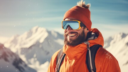 Happy, smiling, Caucasian man against the backdrop of snowy mountains at a ski resort, during vacation and winter holidays. - obrazy, fototapety, plakaty