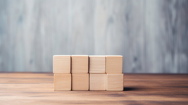 A stack of wooden blocks cube on top of a wooden table. Copy space, Business art concept