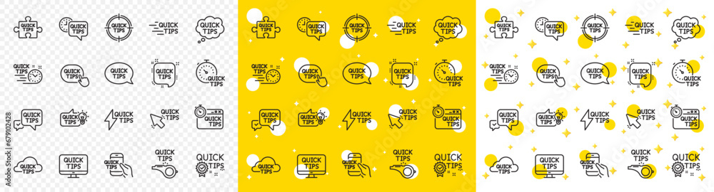 Poster set of helpful tricks, solution and quickstart guide linear icons. quick tips line icons. tutorial, 